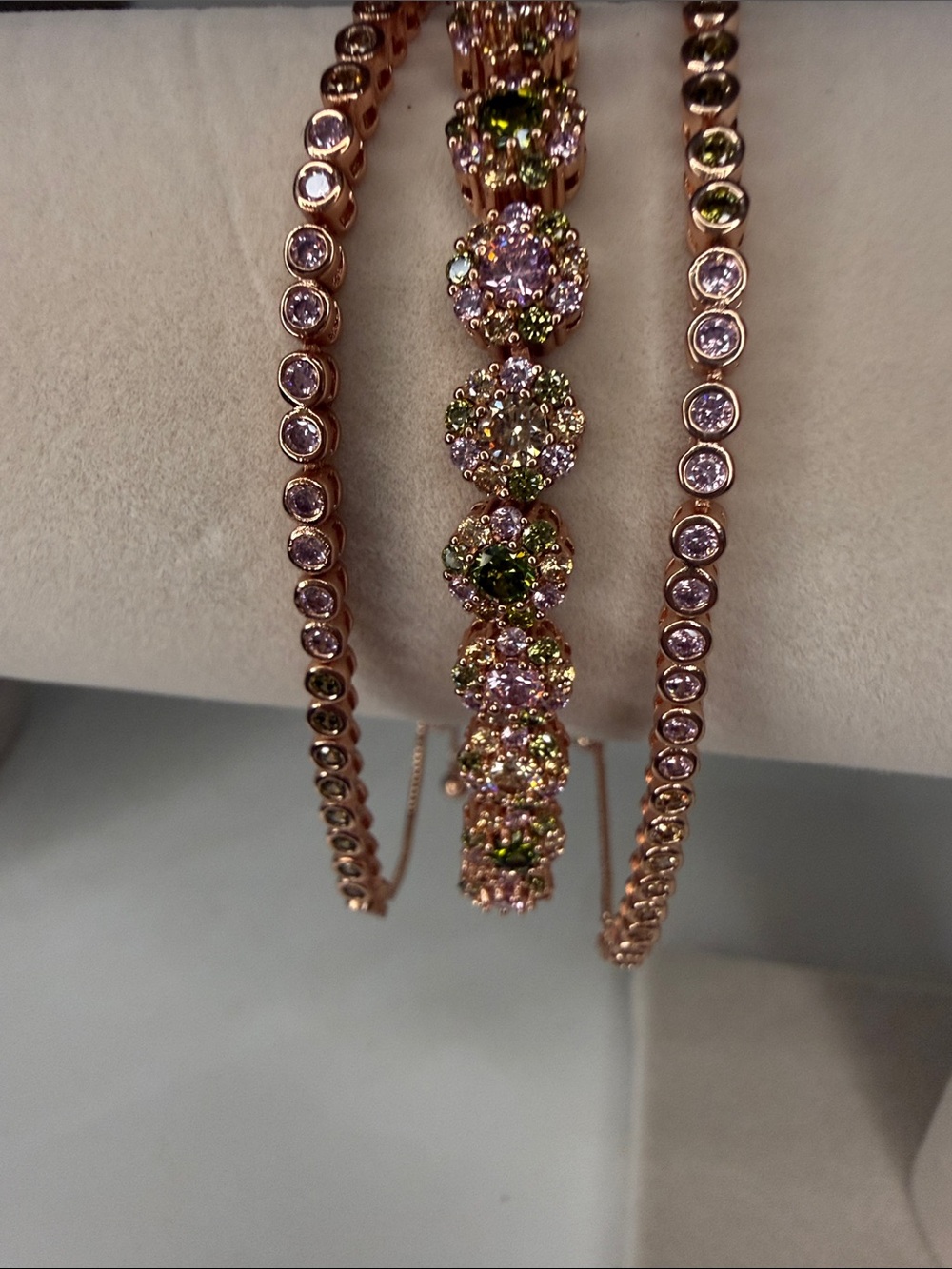 Rose Gold Pink, Green and Clear Crystal Tennis Bracelet